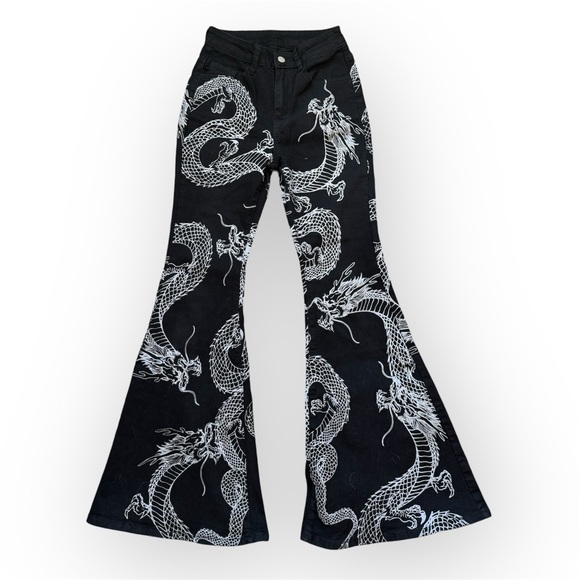 ROMWE Denim - Romwe Grunge Punk Chinese Dragon Print Flare Leg Jeans XS